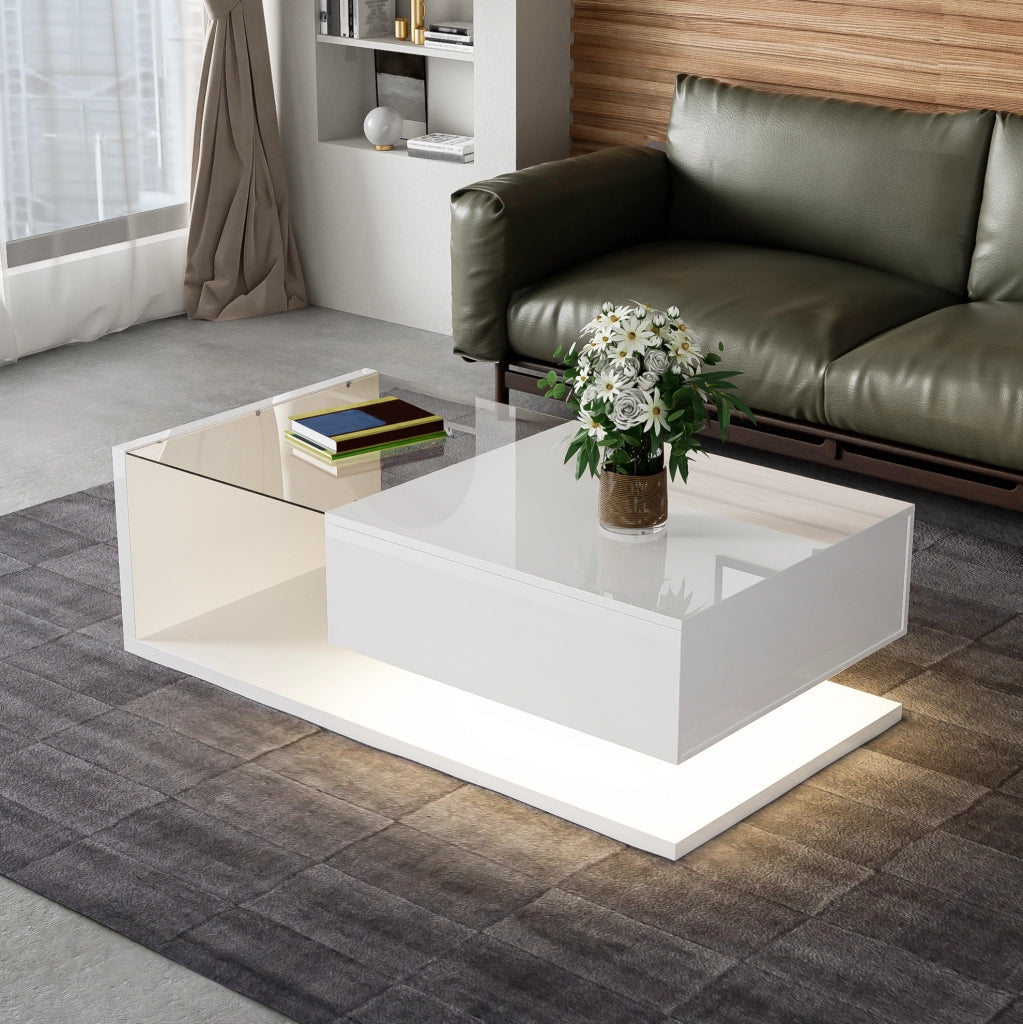 Tavolino da caffè bianco lucido con vetro e LED 105x55 cm