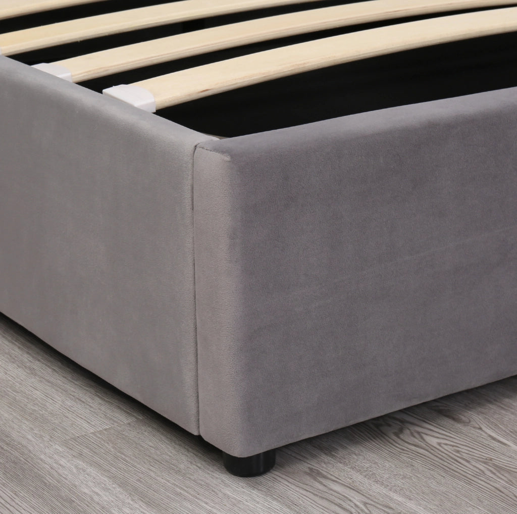 Letto imbottito 140x200 cm in velluto grigio con contenitore idraulico e rete