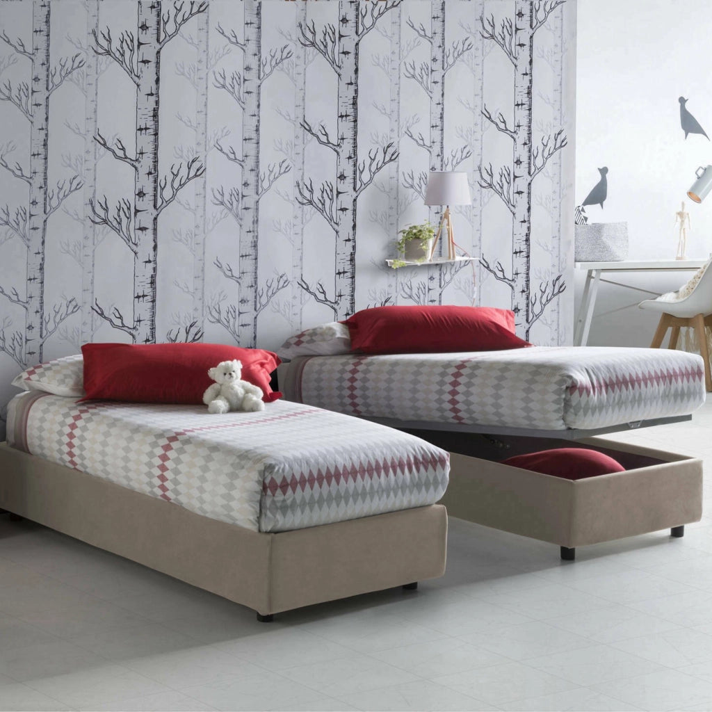 Letto singolo Agenta, Letto contenitore con rivestimento in tessuto, Made in Italy, Apertura frontale, con materasso cm 80x190 incluso, Tortora