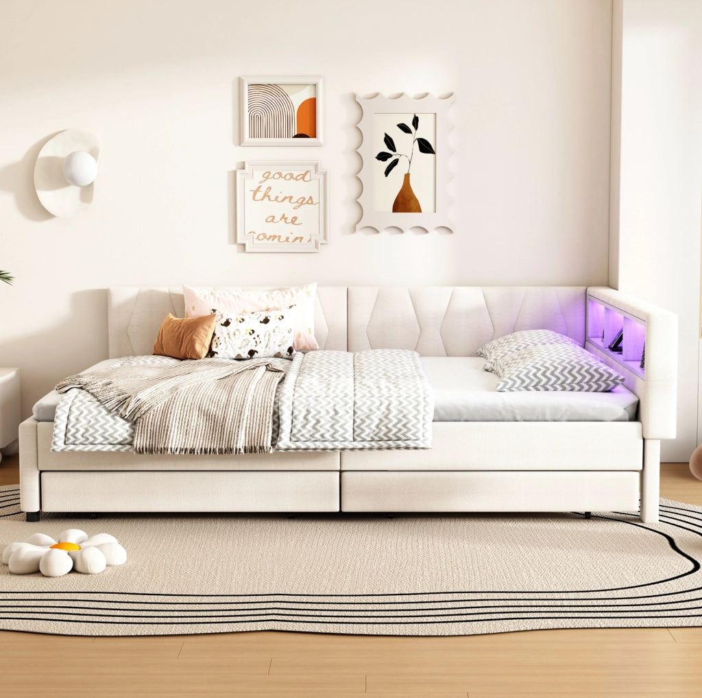 Letto a giorno 140x200 cm con LED; cassetti e USB in lino beige