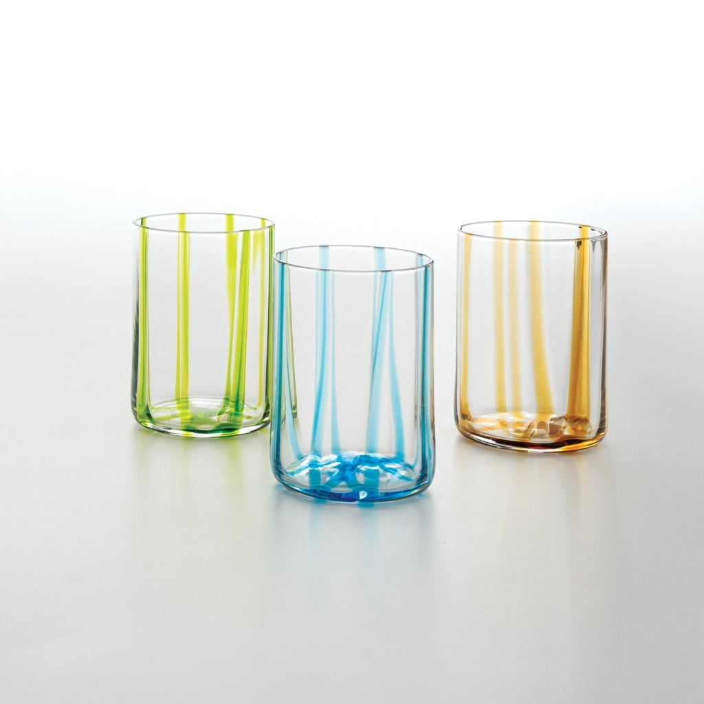 Zafferano Set 6 Bicchieri Tumbler Tirache in vetro soffiato a bocca colore Acquamarina, design elegante con linee distintive lavorate a mano