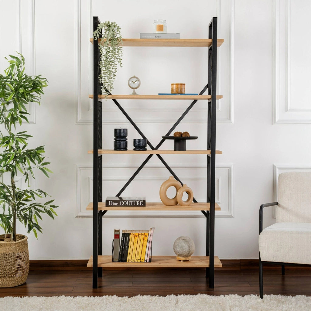 Libreria Suriel, Scaffale da ufficio, Mobile portalibri, Biblioteca, 90x34 h180 cm, Quercia e Nero