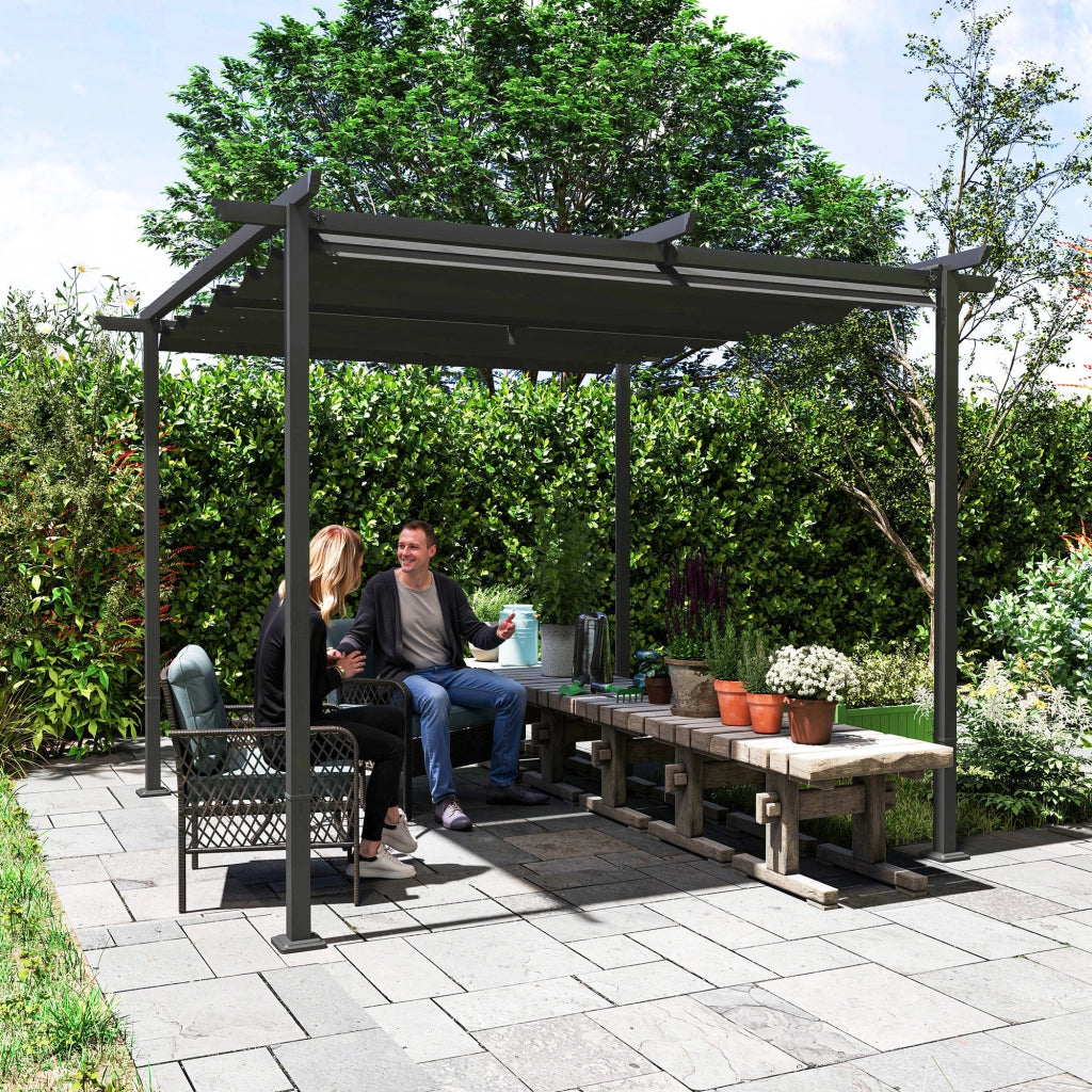 Pergola da giardino con tetto regolabile ¨C Minimal ¨C 3x3 m, tela UPF30+, telaio in metallo, colore grigio scuro