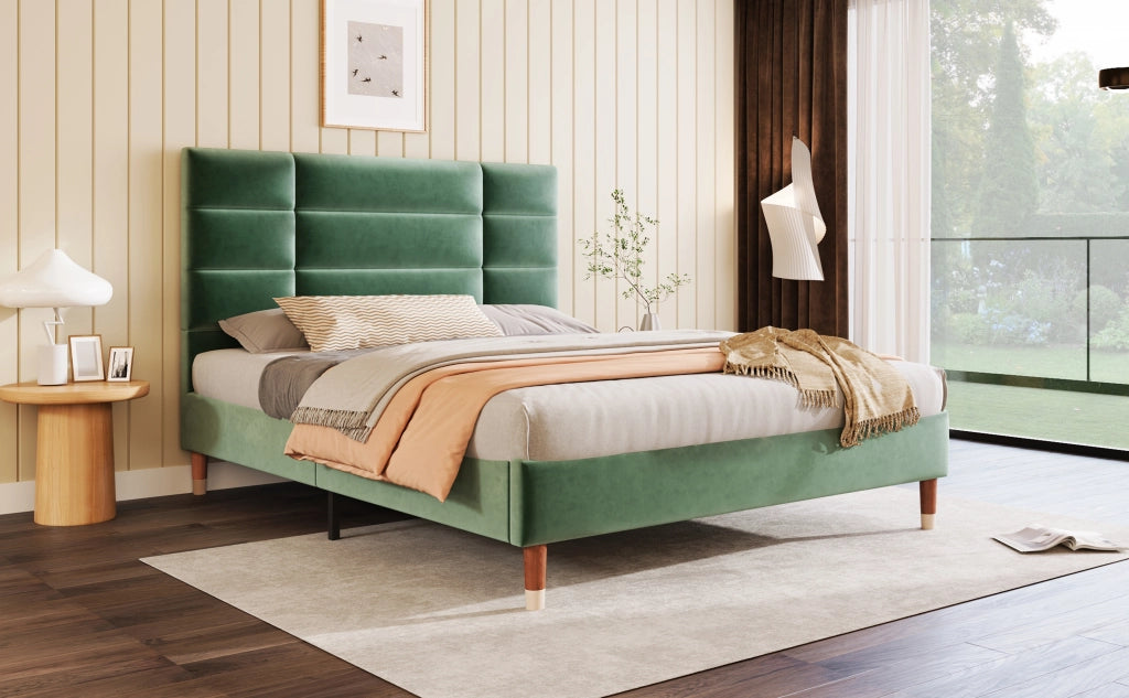 DESMIU Letto Matrimoniale 140 × 200 cm con Testiera Imbottita e Spazio Sottoletto, senza Materasso, Velluto Verde
