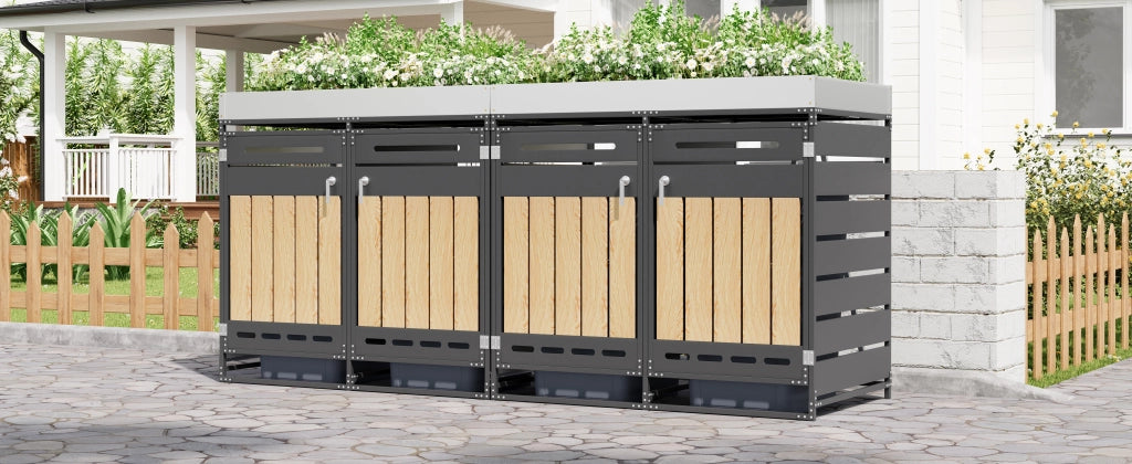 OKWISH Copribidoni 4 Scomparti con Fioriera, Ante con Serratura, Ventilazione, in Ferro Nero