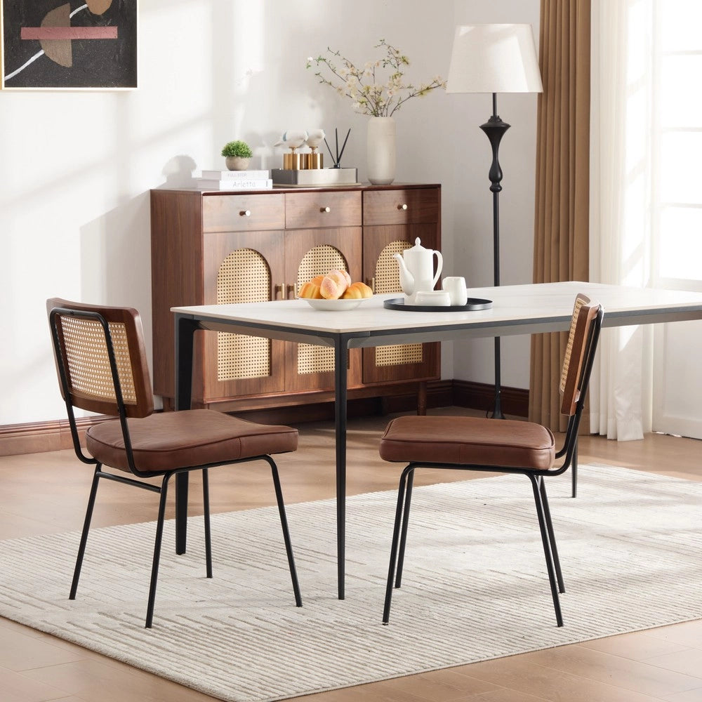 Sedia da Pranzo in Legno Massello e Rattan ¨C MINIMAL ¨C Set 2, Similpelle, Stile Retr¨°, Nero/Marrone