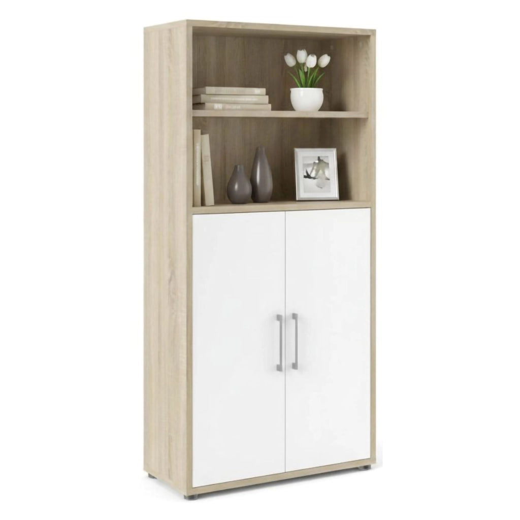 Credenza Saotome, Buffet da soggiorno, Madia da salotto, Dispensa da cucina, 89x40 h186 cm, Quercia e Bianco