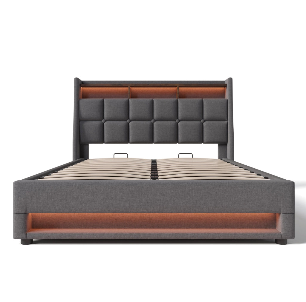 Letto matrimoniale 180x200 cm; LED e USB; contenitore; lino; grigio (Senza materasso)