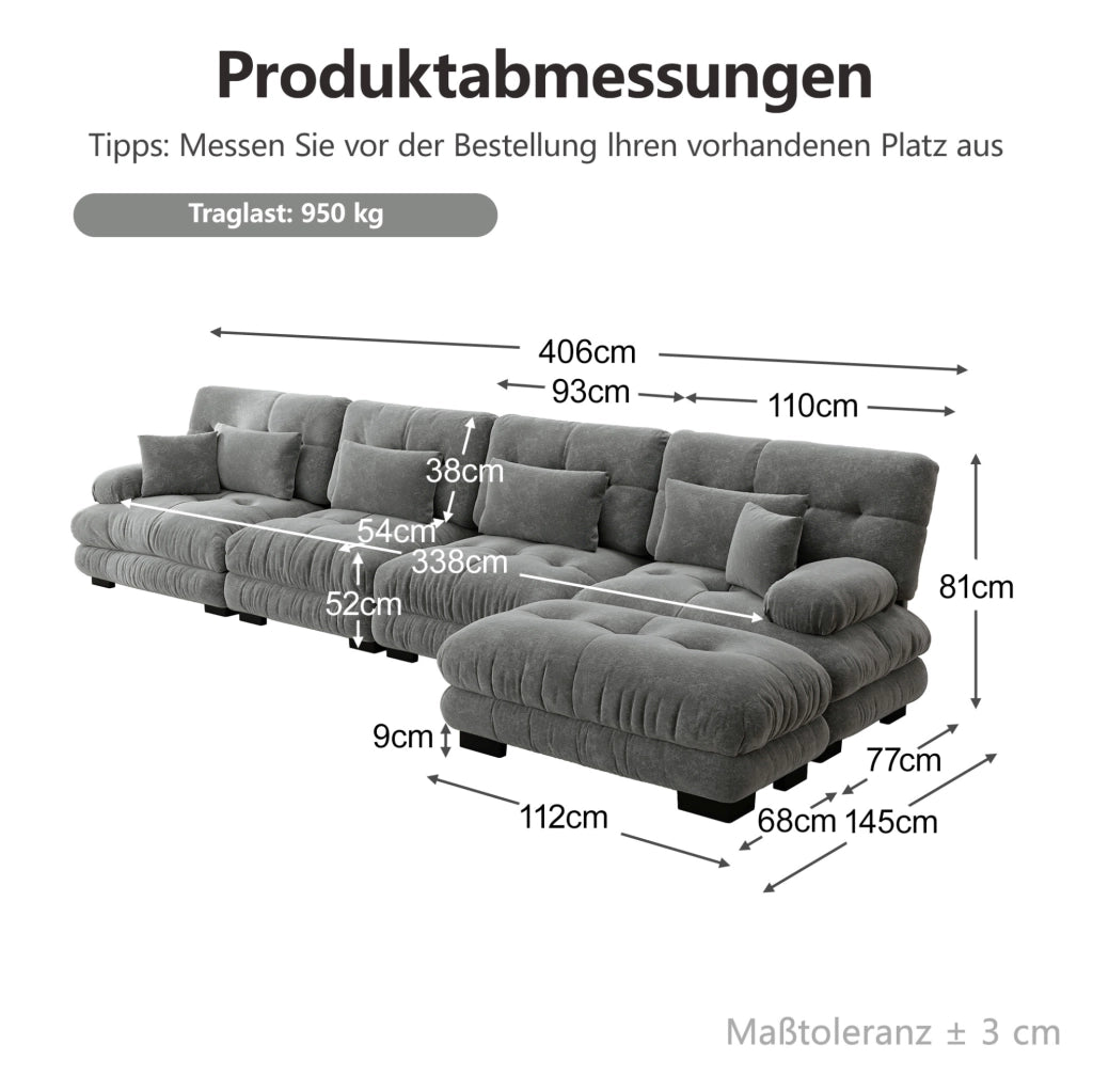 Divano modulare angolare in chenille grigia con ottomane mobili; 406x145x81 cm
