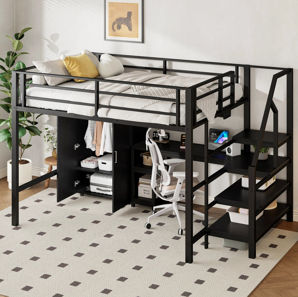 Letto a soppalco 140x200 cm nero con scrivania, armadio, mensole e scala contenitore
