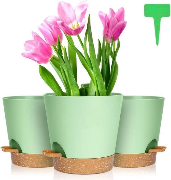 Piantina in plastica, 6 vasi per pianta con sottostante, vaso per piante, autoirrigazione, 16,5 x 17 cm, con 20 etichette per piante, vaso per piante con sistema di irrigazione per interni e piante da balcone