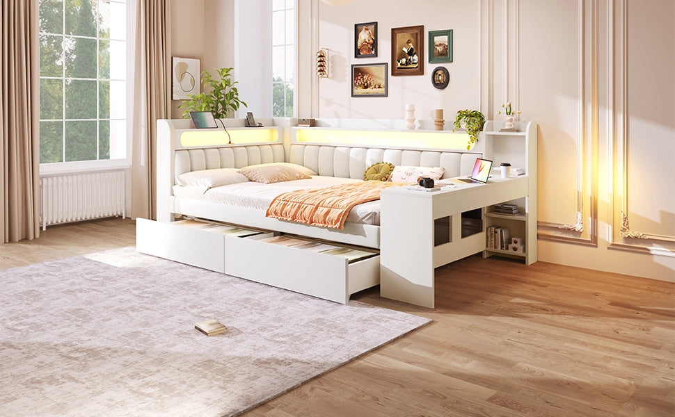 Letto a giorno con LED, porte USB, scrivania e 2 cassetti in MDF, compensato e tessuto bianco 140 × 200 cm