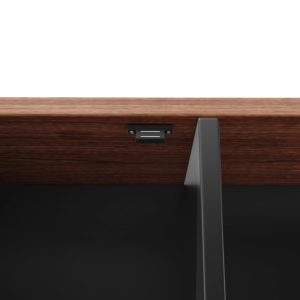 Credenza da cucina alta con ante scorrevoli e LED, struttura in MDF e metallo, nera, 115 × 40 × 174,7 cm