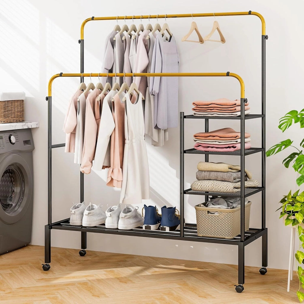 Stand Appendiabiti a Doppia Asta, con Barre Regolabili Ripiani per Riporre Ruote Bloccabili e Scarpiera, Appendiabiti in Acciaio, 135x54x167 cm, Carico 100kg (Nero+Oro)