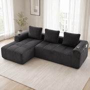Divano compatto modulare in corduroy con tasche laterali e portabicchieri; 253x158x61 cm; grigio scuro