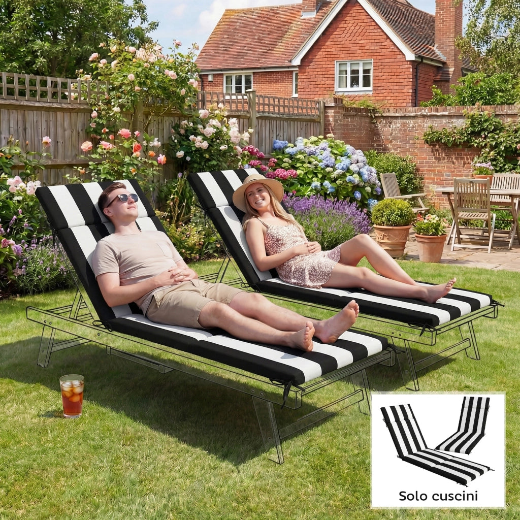 Set 2 Cuscini per Sedie da Esterno 183x54x6,5 cm con 6 Lacci di Fissaggio in Cotone Nero e Bianco