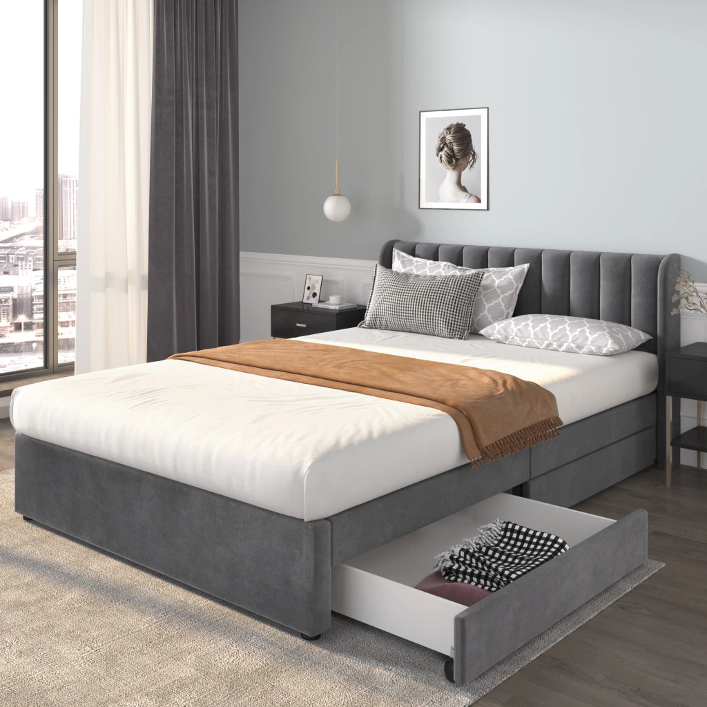 Letto imbottito 140x200 cm in velluto grigio con testiera, rete a doghe e 2 cassetti