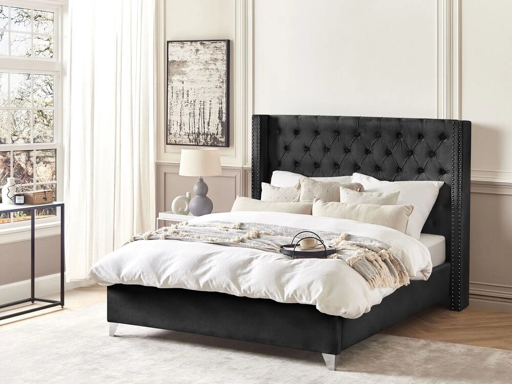 Letto a doghe velluto nero imbottito trapuntato poggiatesta 160 x 200 cm stile glamour elegante
