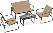 Set Tavolo e Sedie da Giardino 4 Pezzi, Tavolino in Vetro Portato 50 kg, Sedie Portata 150 kg, Panca Portata 300 kg, Set Bistro in Tessuto Textilene, per Cortile Terrazza Piscina (Marrone)