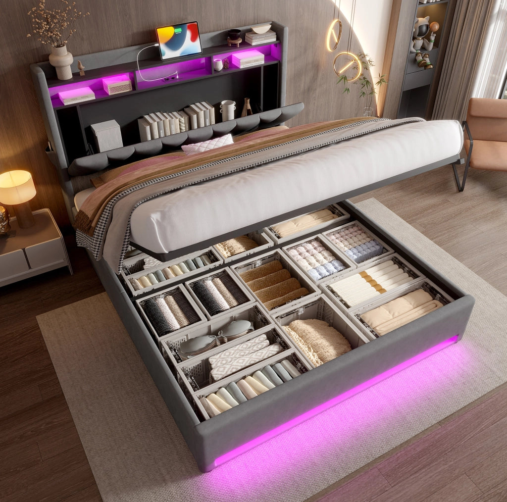 Letto imbottito 160x200 cm con LED e contenitore; testiera portaoggetti in velluto grigio scuro