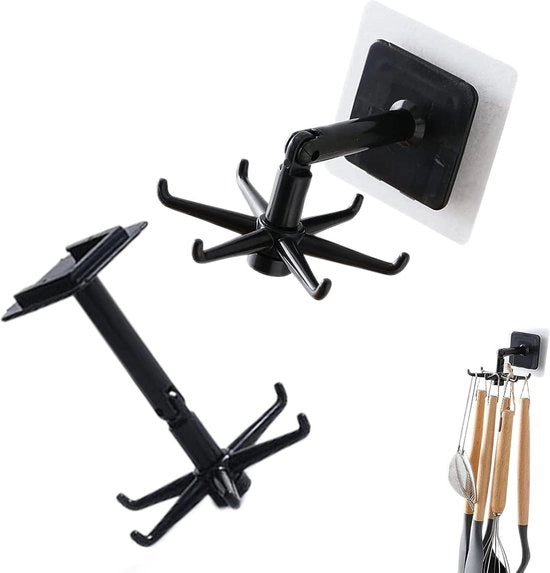 Due pezzi di supporto per pentola 360° rotativo con chiusura a clip - supporto per pentola autoadesivo con 6 ganci - accessori da cucina per la cucina con gruccia per pentola da cucina