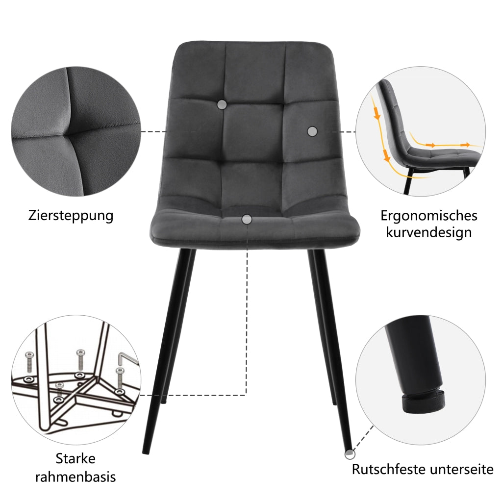 Tavolo da pranzo per 4 persone con 4 sedie, struttura in metallo, stile moderno, in MDF e velluto, multicolore