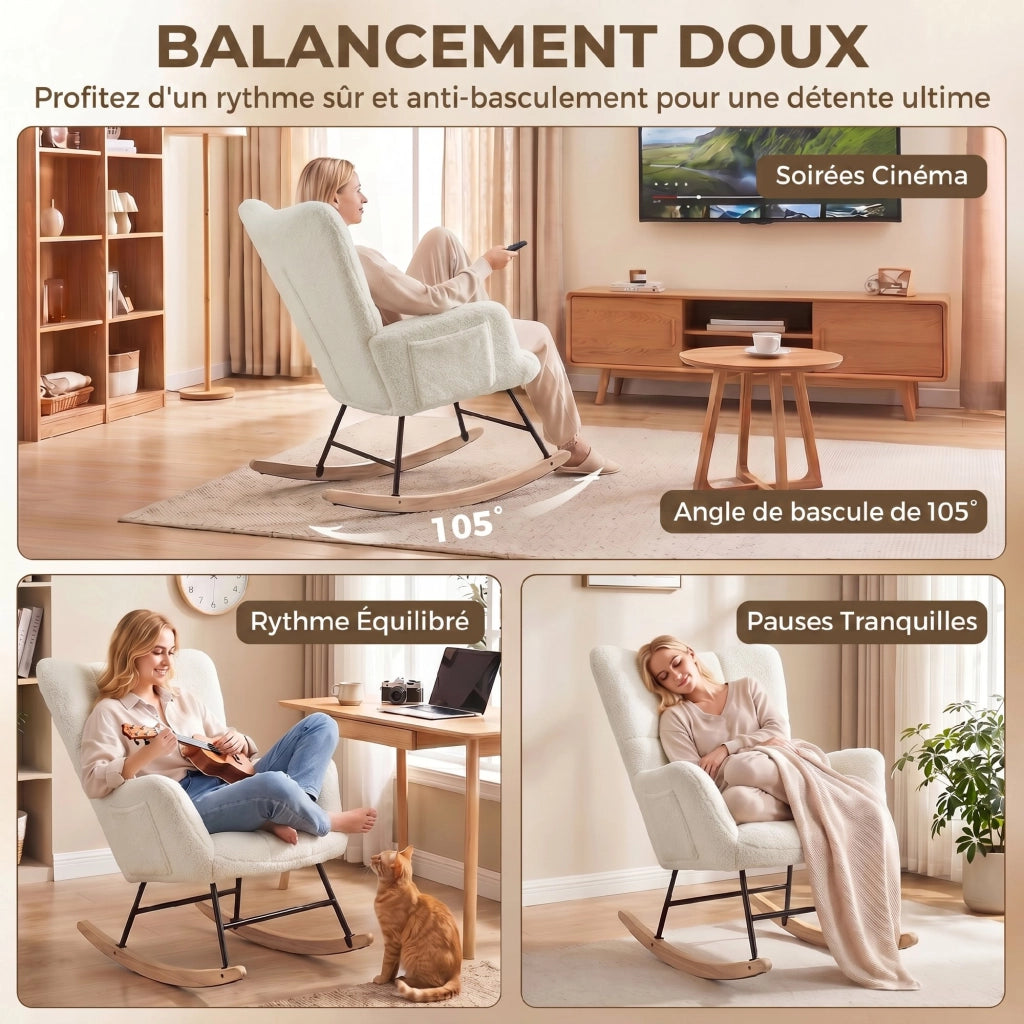 Fauteuil à Bascule, Assise Rembourrée, Poches Latérales, Crème