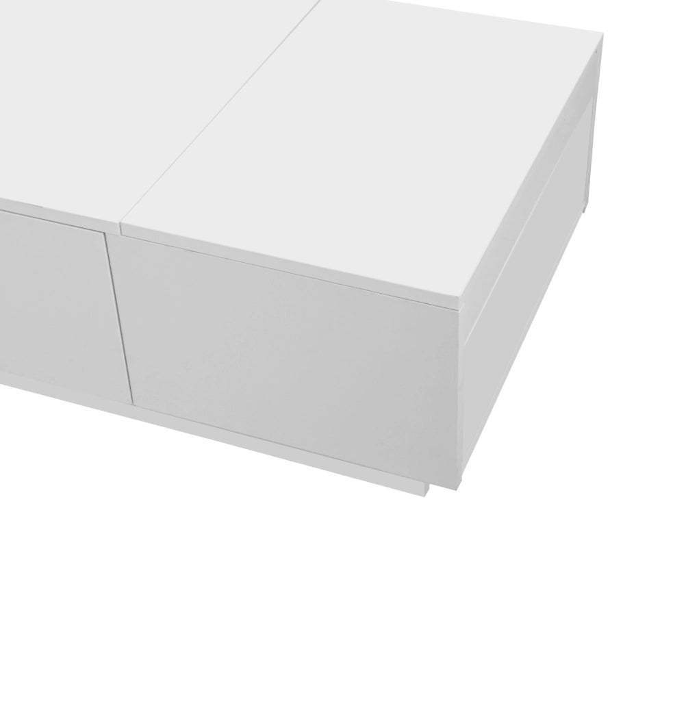 Tavolino da salotto con cassetti e vani contenitore 100x50x31 cm in truciolare bianco lucido