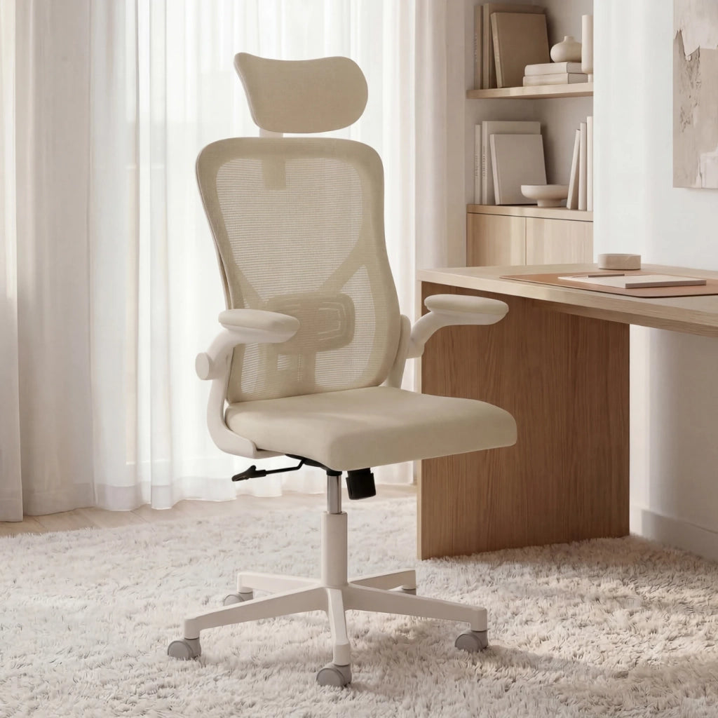IDMarket - Sedia da ufficio ergonomica JAMES in tessuto traspirante e poggiatesta con rotelle beige e bianche