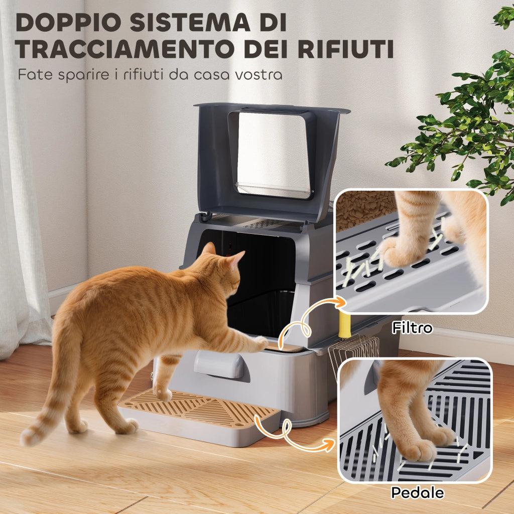 Lettiera per Gatti Chiusa 63x43x43 cm Capacità da 80L con Vassoio Estraibile in ABS e Acciaio Inox Grigio Scuro