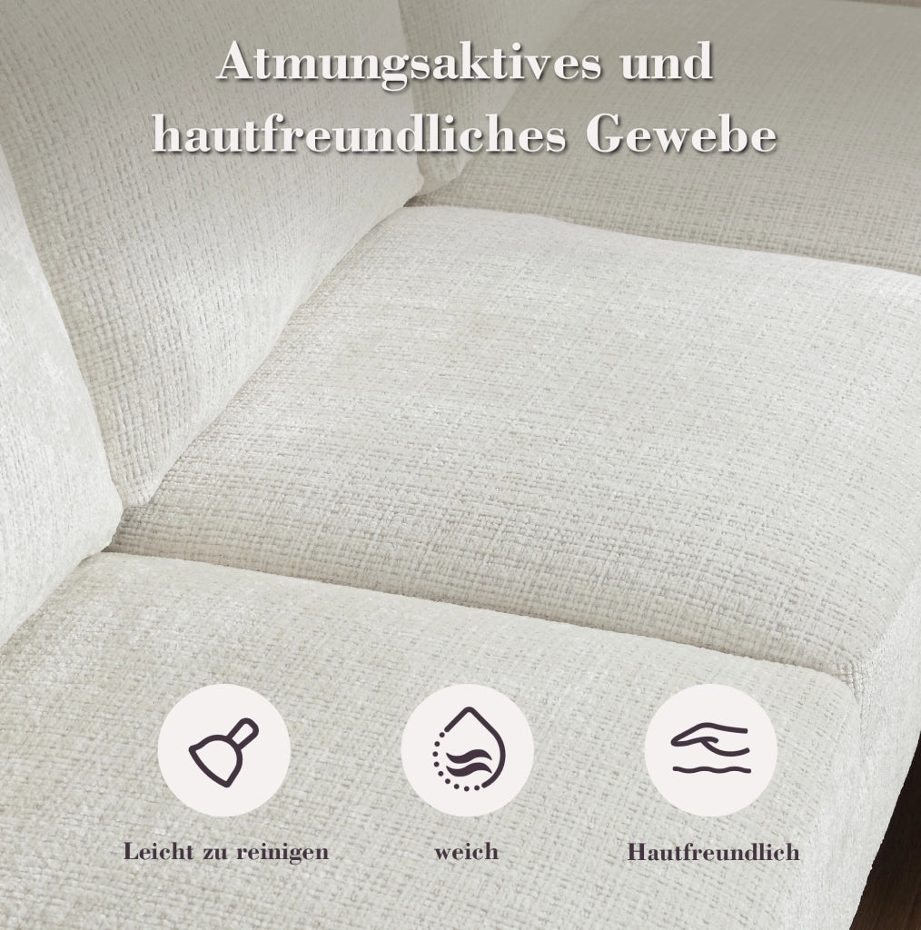 Divano modulare 4 posti con pouf contenitore; portabicchieri e tasche; ciniglia beige