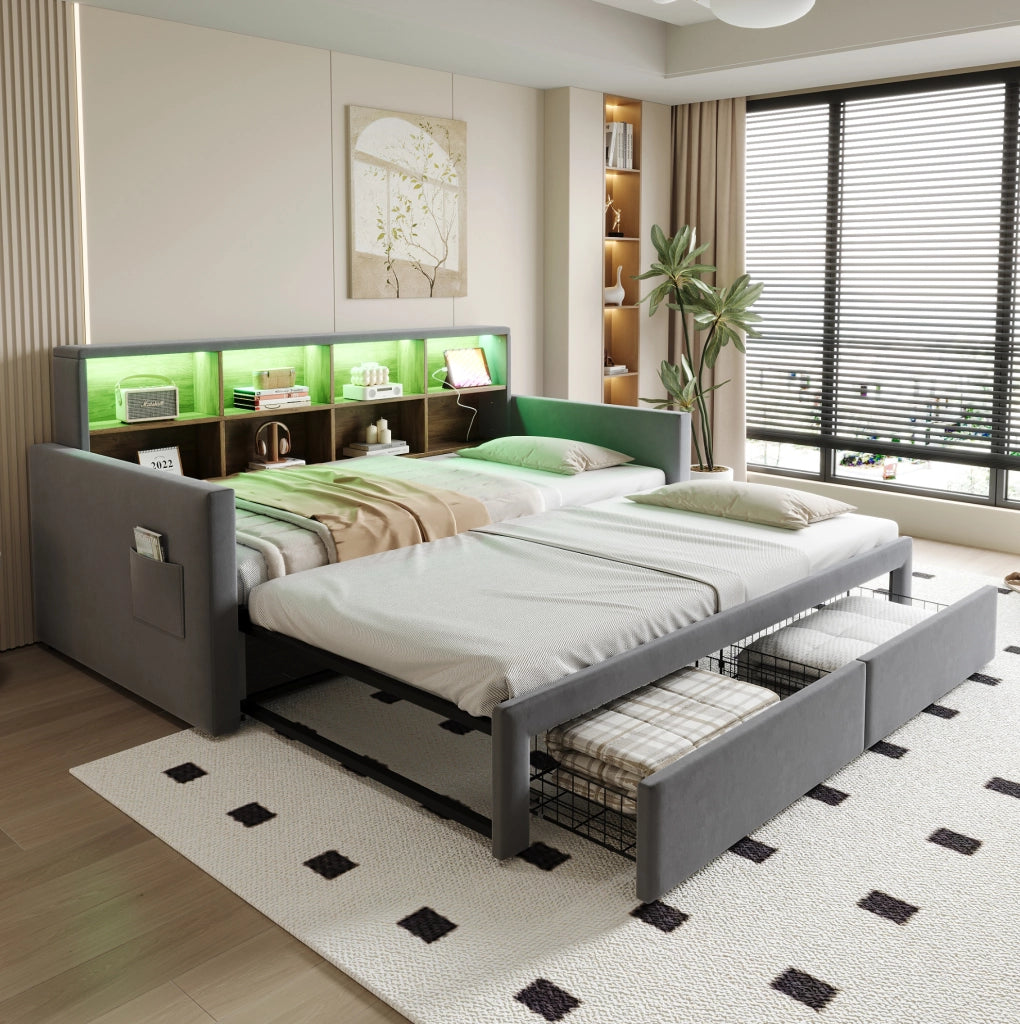 Letto imbottito estraibile ULEVR 90x190 cm, estensibile a 180 cm, LED, prese USB e Type-C, grigio