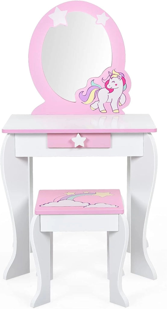 Set di Specchiera e Sgabello per Bambini, Tavolo da Trucco Giocattolo in Legno con Cassetto, Ideale Regalo per Ragazze di 3-7 Anni, con Portata di 15kg, 49x35,5x89cm (Bianco)