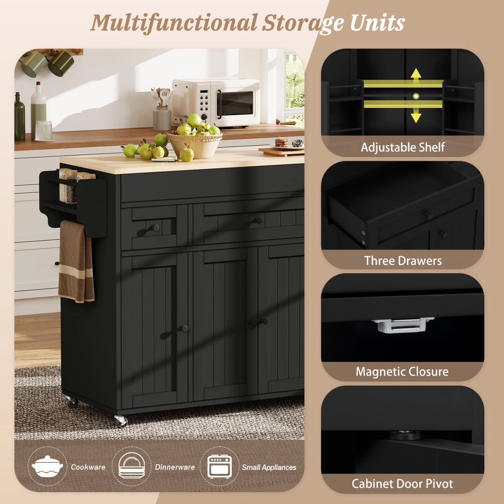 Mobile cucina con 3 cassetti; piano estraibile e ripiani regolabili per cucina in MDF nero naturale 137-190.6 × 45.2 × 92 cm