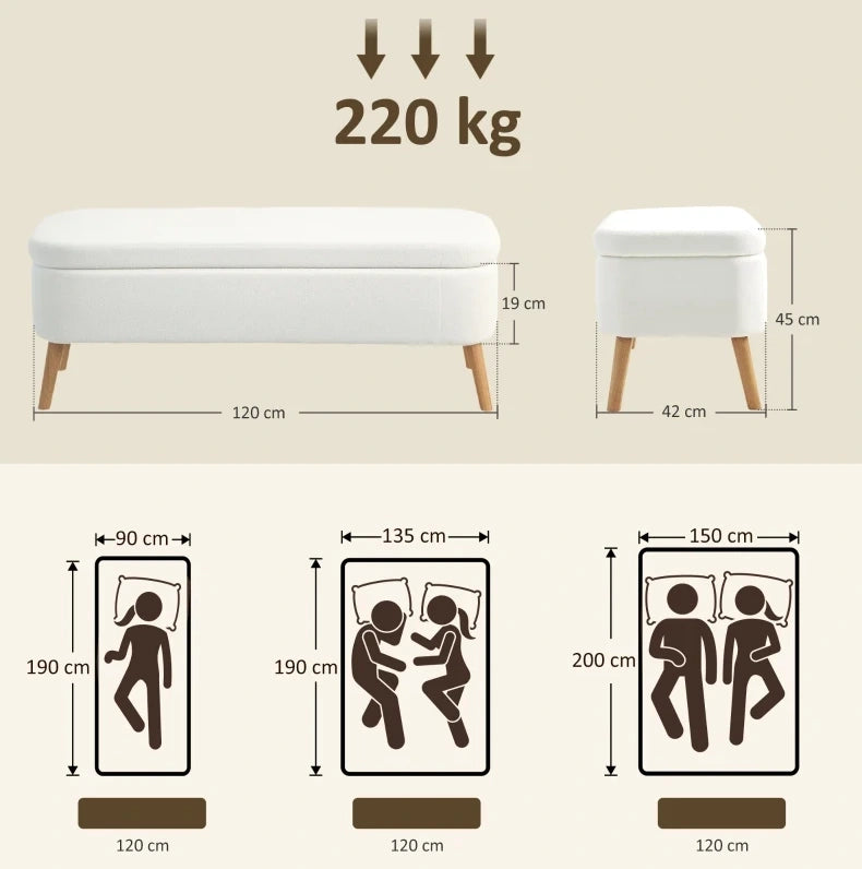 Panca contenitore imbottita 120 cm, crema