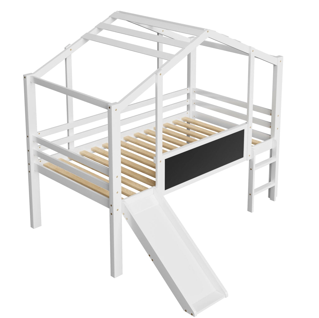 Letto a soppalco 90x200 cm con scivolo e lavagna in legno
