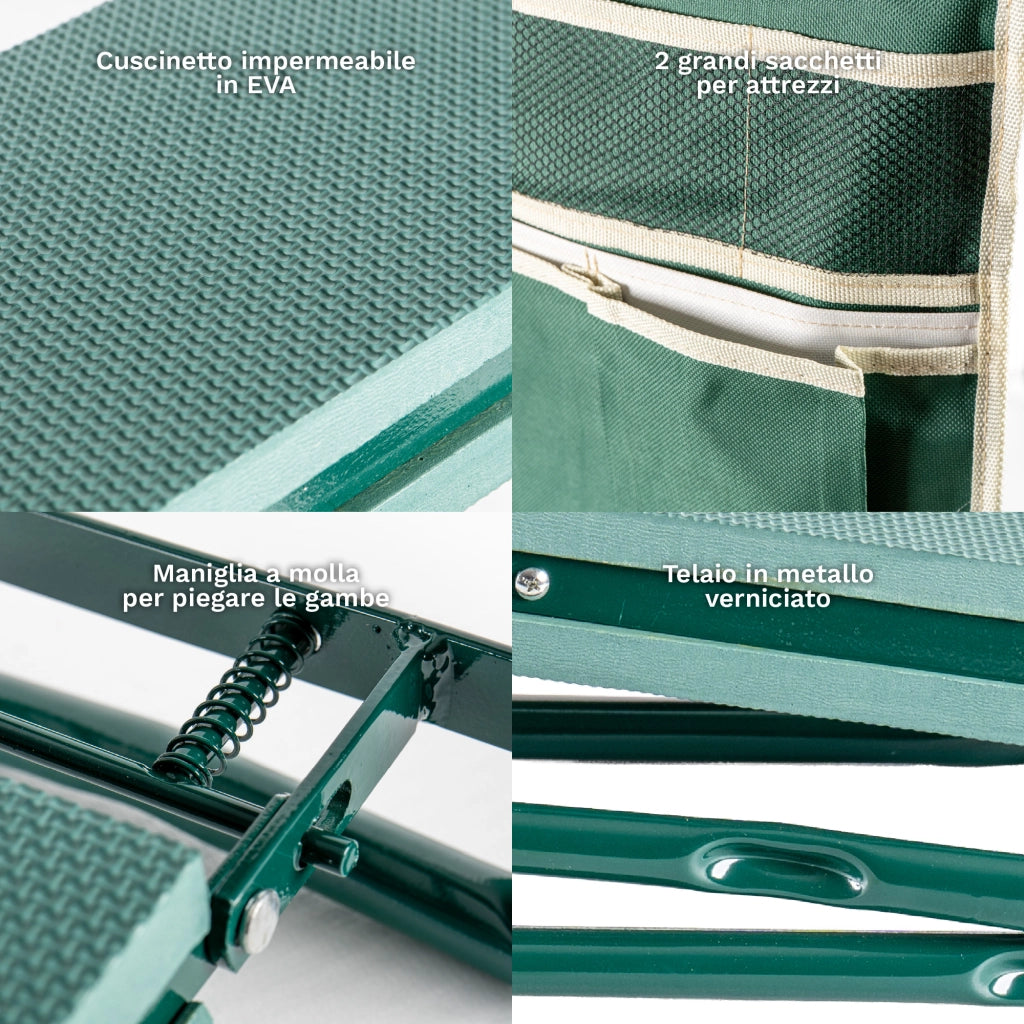 Sgabello Inginocchiatoio da Giardino Pieghevole con Tasche Porta Attrezzi, Ginocchiera Seduta Imbottita Multiuso, Struttura in Metallo Robusta, Supporto per Giardinaggio Ergonomic