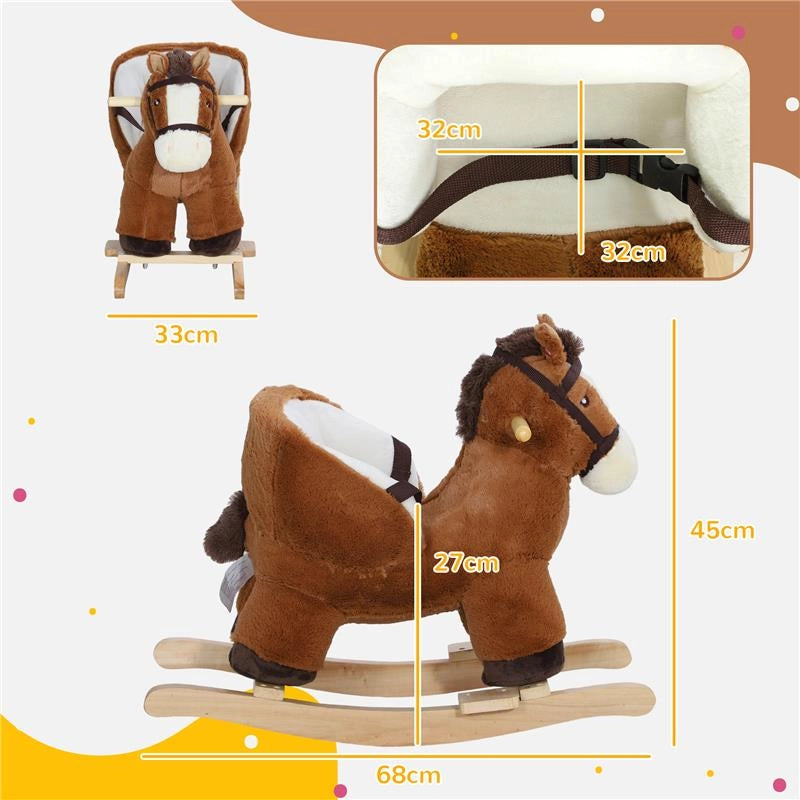 CAVALLO A DONDOLO PER BAMBINI 18-36 MESI CON SUONI BASE IN LEGNO E CINTURA DI SICUREZZA 68X33X45 CM MARRONE