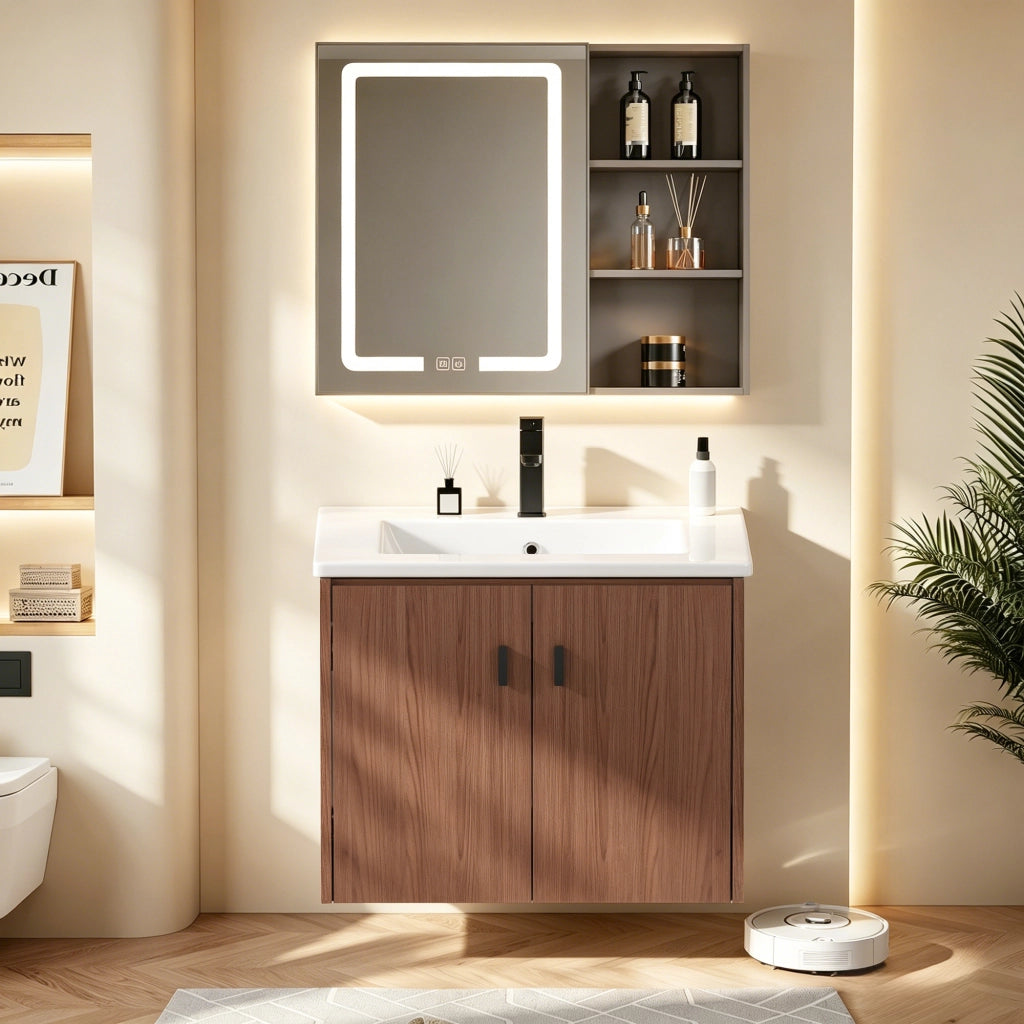 Mobile bagno 60 cm rosso-marrone, ampio spazio contenitore con 2 ante a chiusura morbida