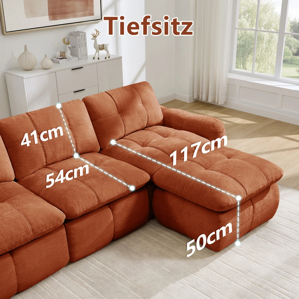Divano modulare in ciniglia arancione; 264 x 160 x 68 cm