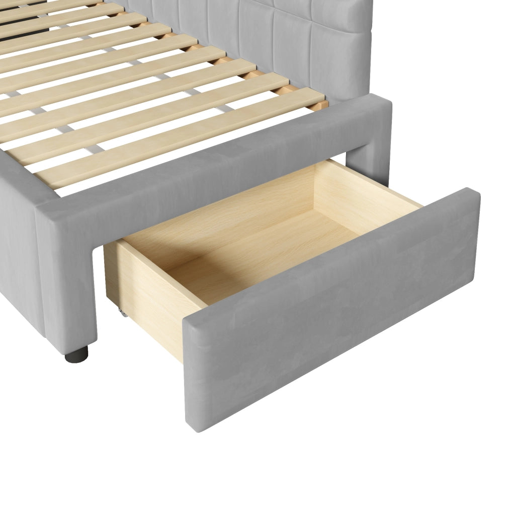 Letto a L 90x200 cm con letto estraibile e cassetti in flanella grigio
