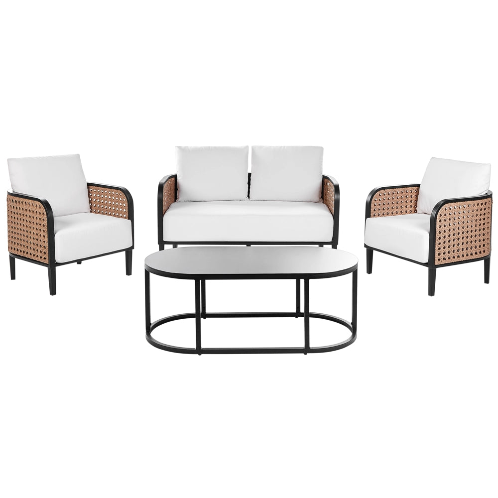 Set da giardino in metallo con divano 2 posti tavolino 2 poltrone Alluminio con cuscini idrorepellenti ad Intreccio viennese e schienale PE rattan Bianco sporco