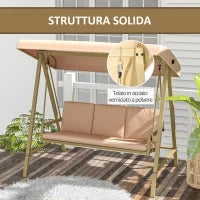 Dondolo 3 Posti con Tettuccio Inclinabile e Cuscini, in Acciaio e Textilene, 200x125x175 cm, Beige e Marrone