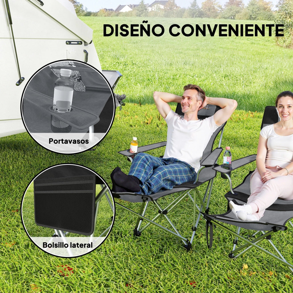 Sedia Pieghevole con Poggiapiedi e Portabevande ¨C zephmum ¨C 125x48x90 cm Grigio