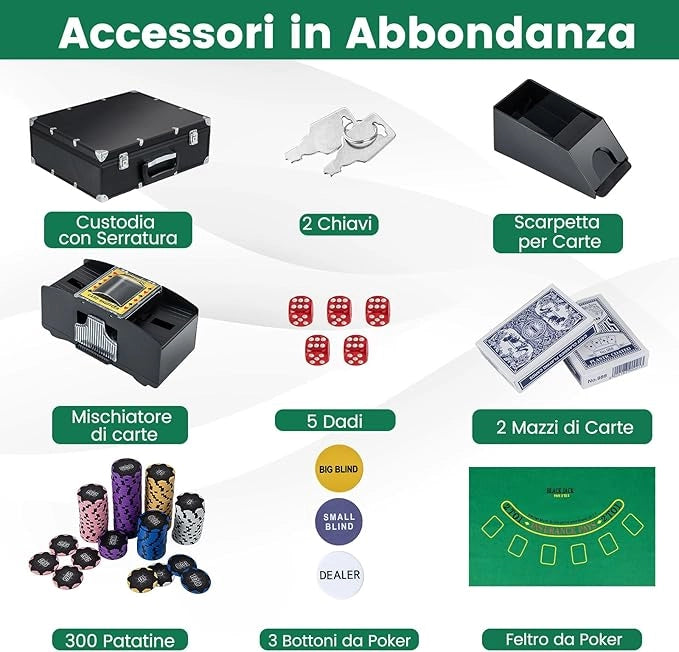 Set di Fiches da Poker con 300/600 Fiches, 2/6 Mazzi di Carte 5 Dadi Mescolatore Automatico di Carte e Tappeto, Scatola Portatile, Poker Chips per Party Viaggi e Feste (300 PCS)