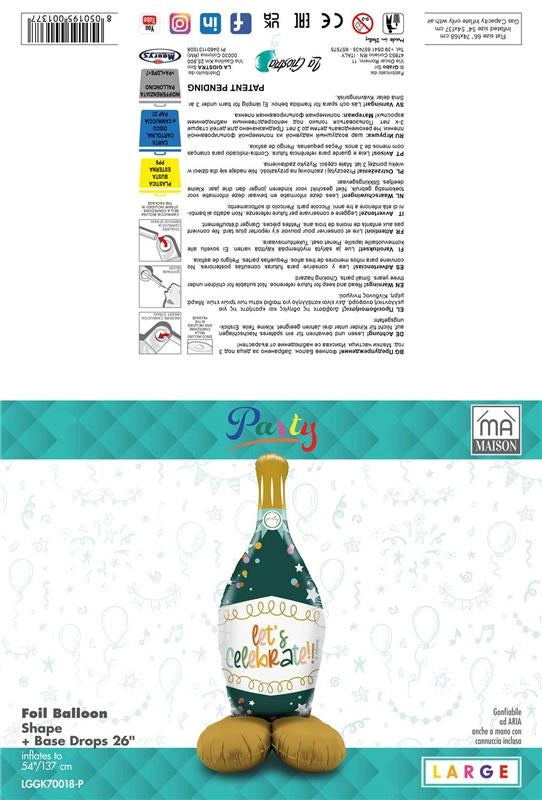 MA MAISON MYLAR PALLONCINO "XL CELEBRATE BOTTLE" + BASE 137X54 CM CANNUCCIA INCLUSA