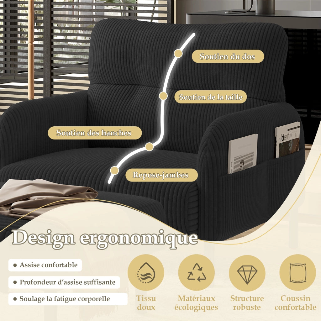 OKWISH Poltrona in Velluto a Coste, Seduta Profonda e Schienale Ergonomico con Tasche Laterali, Struttura in Metallo, Nera