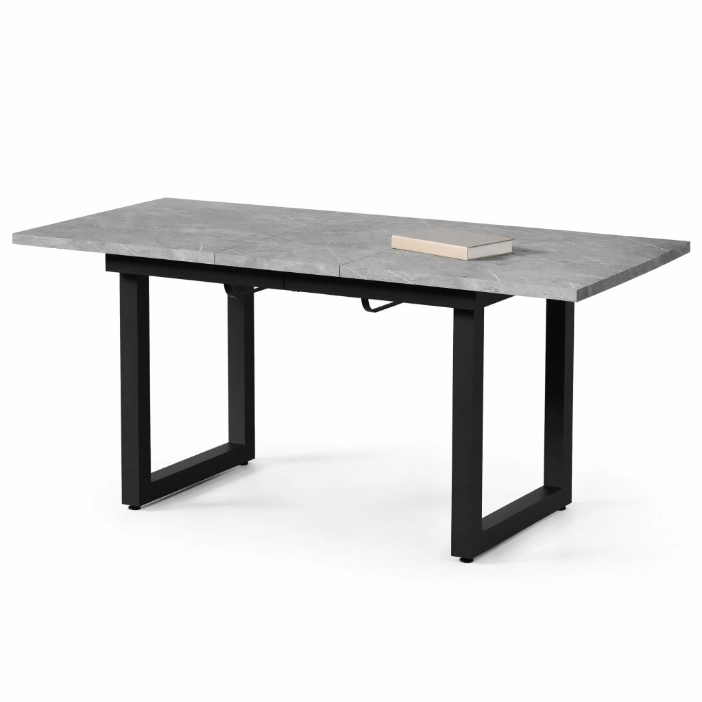 Tavolo da pranzo allungabile stile industriale, piano in MDF effetto cemento, struttura in metallo, grigio e nero
