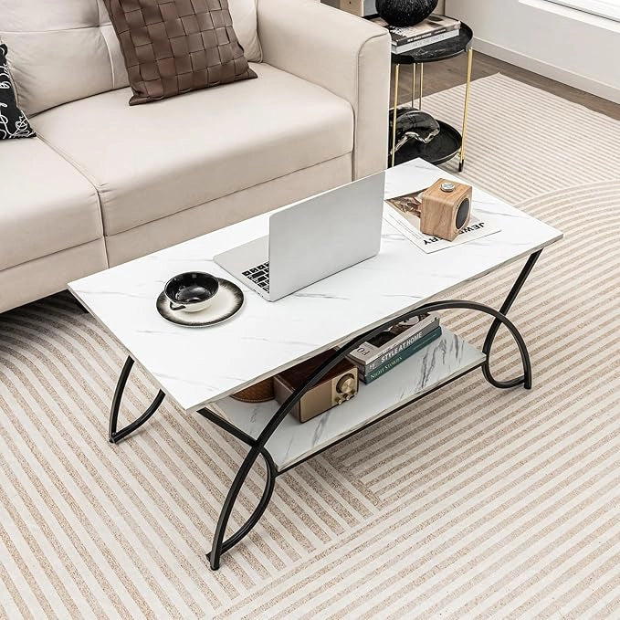 Tavolino da Caffè da Salotto, Tavolino Rettangolare a 2 Livelli con Struttura in Metallo, Tavolino Elegante e Moderno per Studio, Ufficio e Soggiorno, 100 x 50 x 45 cm (bianco e nero)