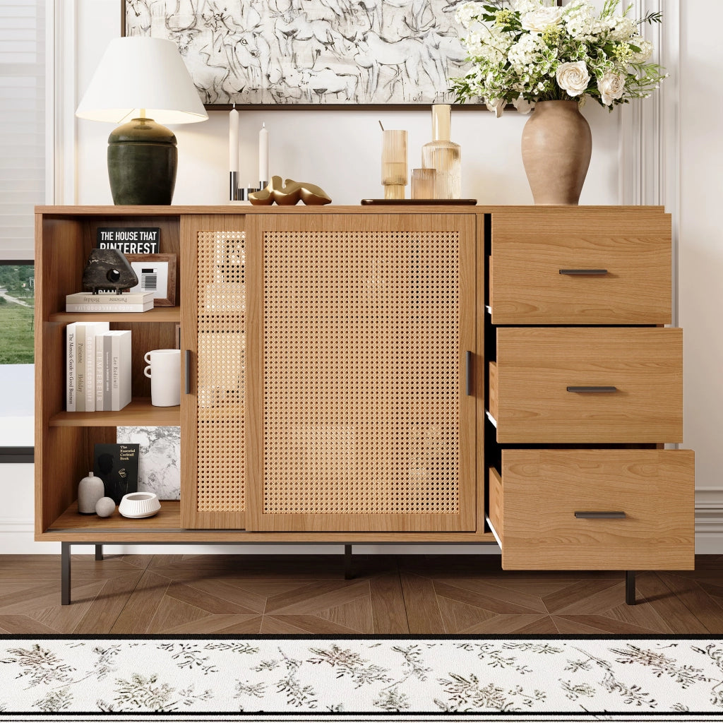 OKWISH Credenza con 2 Ante Scorrevoli in Rattan e 3 Cassetti, per Soggiorno o Sala da Pranzo, Truciolare, 140 x 37 x 91 cm
